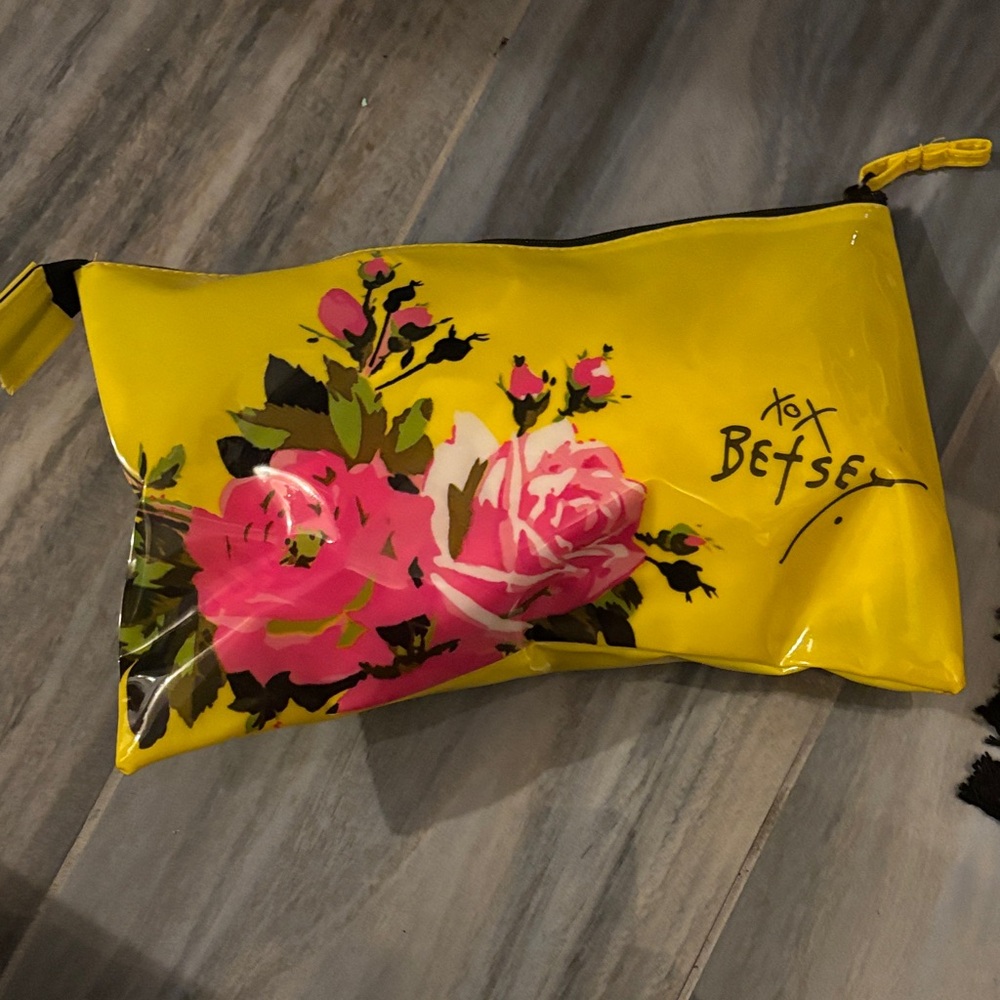 Betsey Johnson Yellow Cosmetic Bag with Pink Floral Design
